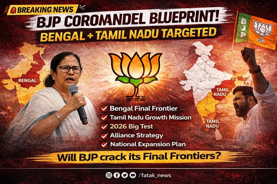 Poster showing BJP’s Coromandel Blueprint strategy targeting West Bengal and Tamil Nadu elections 2026.